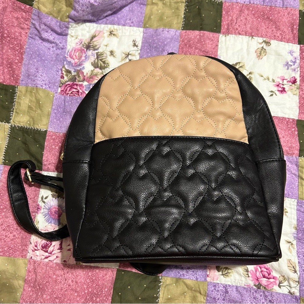 Betsey Johnson Black and Tan Quilted‎ Heart Backpack